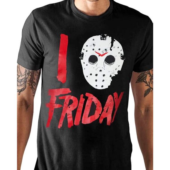 Halloween I Love Friday Jason Voorhees Mask Distressed Graphic T-Shirt Small - Picture 2 of 7